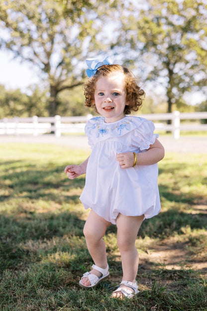 Proper Peony Girls Beatrice Bow Bubble - White - Blue Bow Embroidery