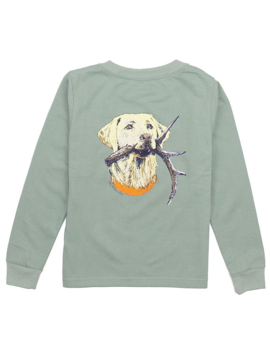 Properly Tied Boys Shirt - Logo Pocket on Front - Back Graphic - Antler Labrador Dog on Sage