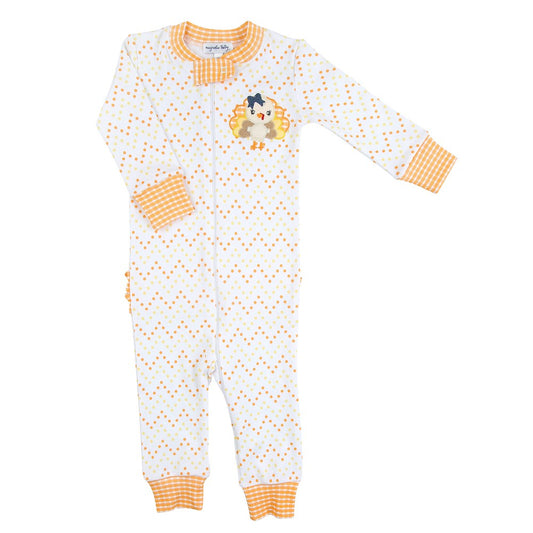 Magnolia Baby Girls Orange Little Gobbler Applique Turkey Zipped Pajamas with Ruffle