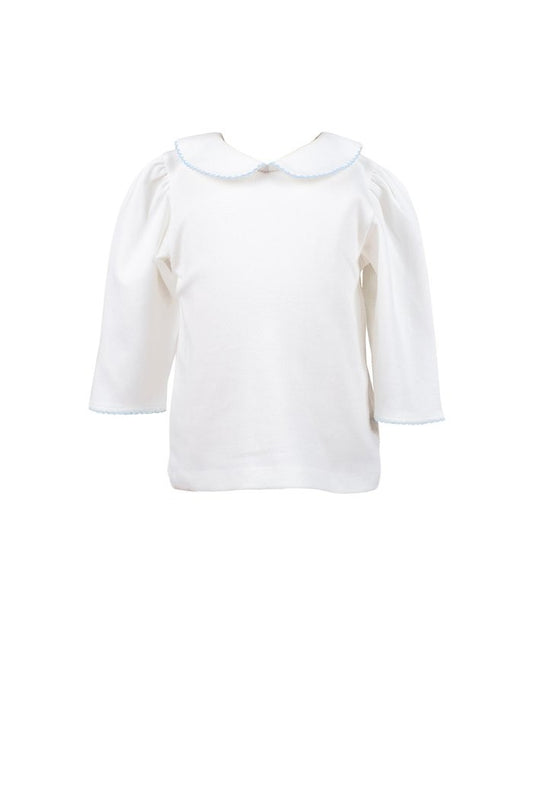 Peony Girls White Knit Shirt - 3/4 Sleeves - Trimmed in Light Blue by Proper Peony