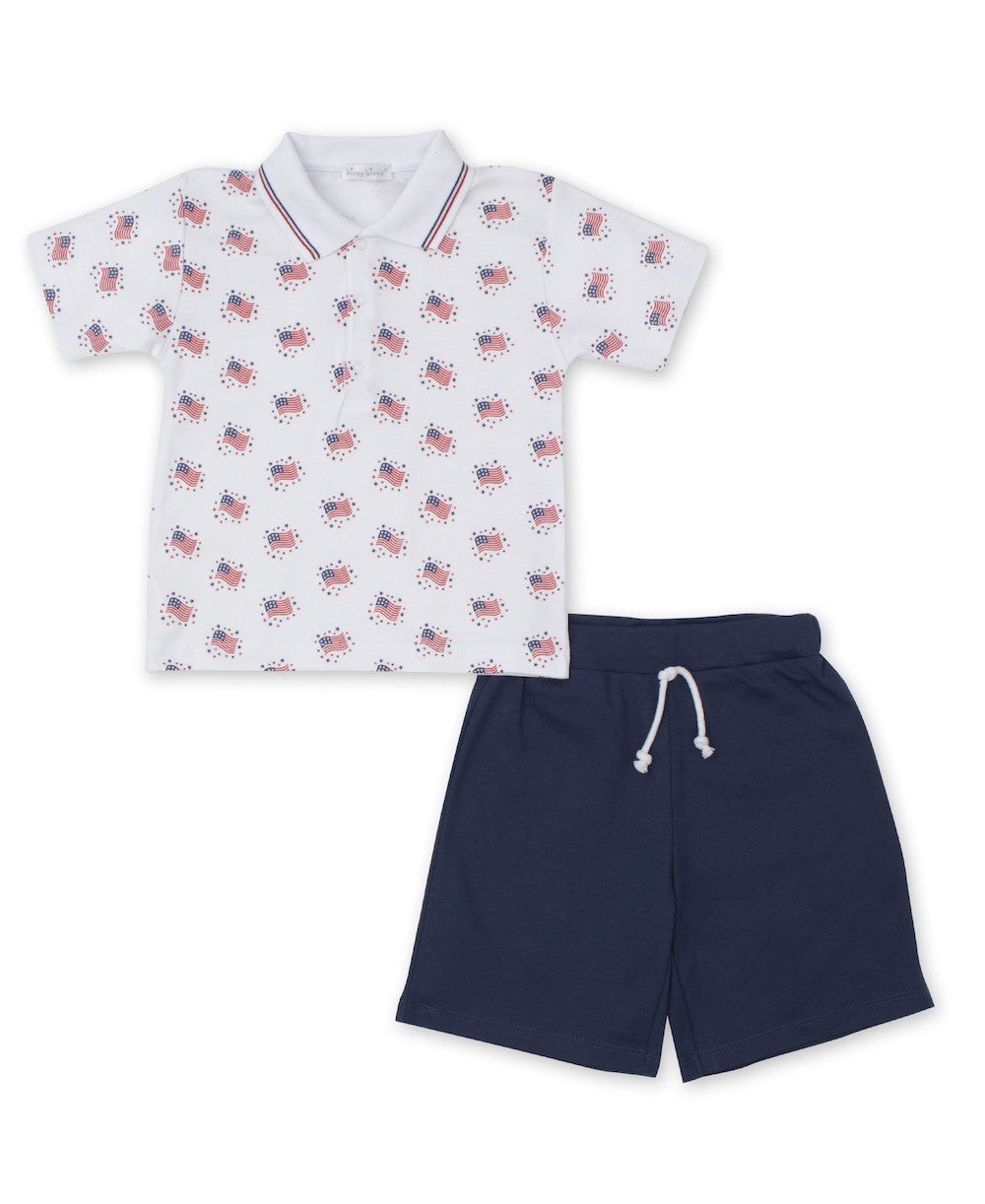 Kissy Kissy Boys Essence of America Patriotic Flags Polo Shirt with Navy Blue Shorts