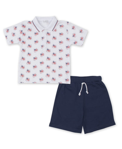Kissy Kissy Boys Essence of America Patriotic Flags Polo Shirt with Navy Blue Shorts