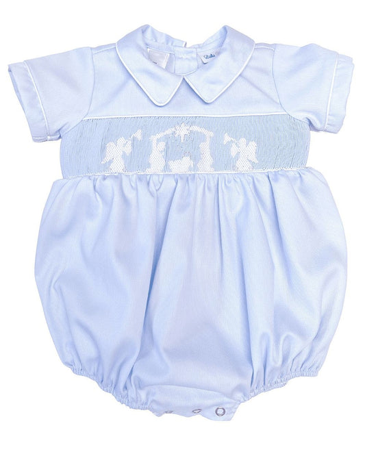 LuLu BeBe Baby Boys Light Blue Smocked Nativity Scene Bubble
