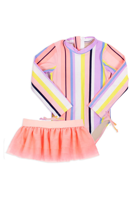 Shade Critters Girls Coral Pink Pastel Stripe Long Sleeved Swimsuit / Tutu Set