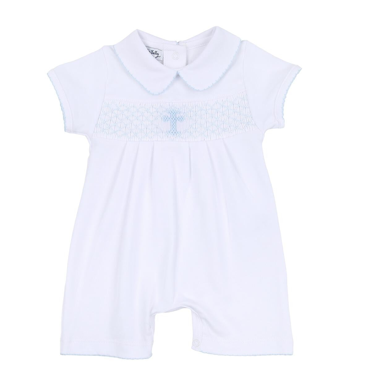 Magnolia Baby Boys White Blessed Smocked Blue Cross Playsuit Romper
