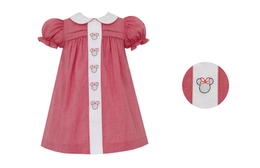 Anavini Girls Red Check Dress with Collar - Embroidered Mouse Ears
