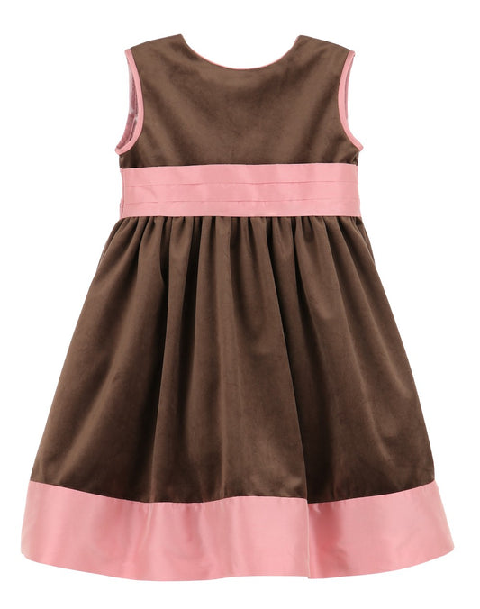 Luli & Me Girls Sleeveless Velvet Dress - Cocoa Brown - Pink Trim & Sash