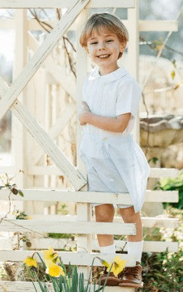 Feltman Brothers Boys White Feather Stitch Top & Blue Shorts Bobby Suit