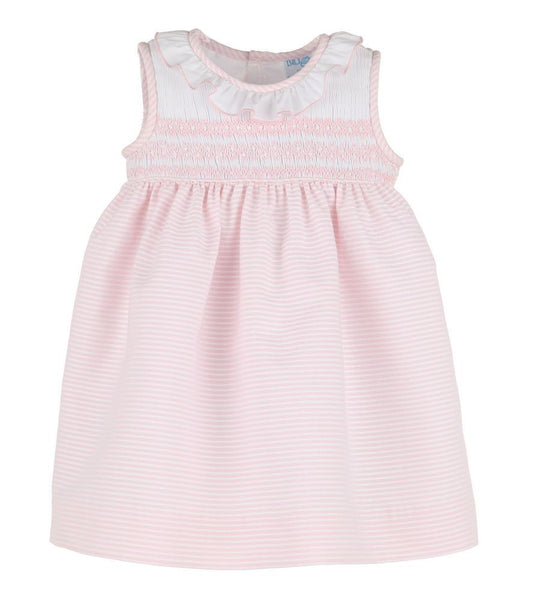 Luli & Me Girls Pink Stripe Sleeveless Smocked Dress - Ruffle Neck by Luli & Me