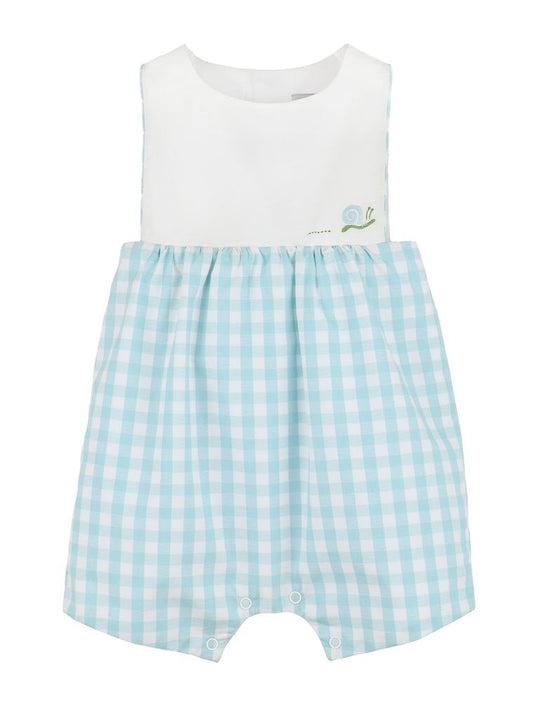 Sophie & Lucas Baby Boys Azure Blue Check Embroidered Snail Romper