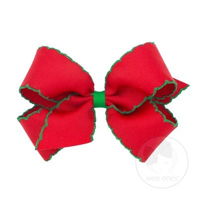 Wee Ones Girls Classic Moonstitch Bow - Red with Green