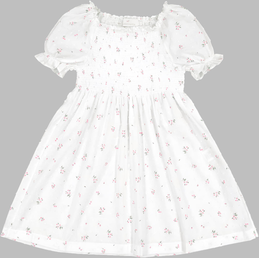 Sal & Pimenta Girls Frilly Smocked Dress - White Dotted Swiss Floral