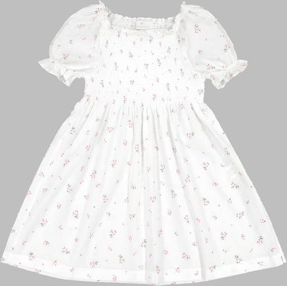 Sal & Pimenta Girls Frilly Smocked Dress - White Dotted Swiss Floral