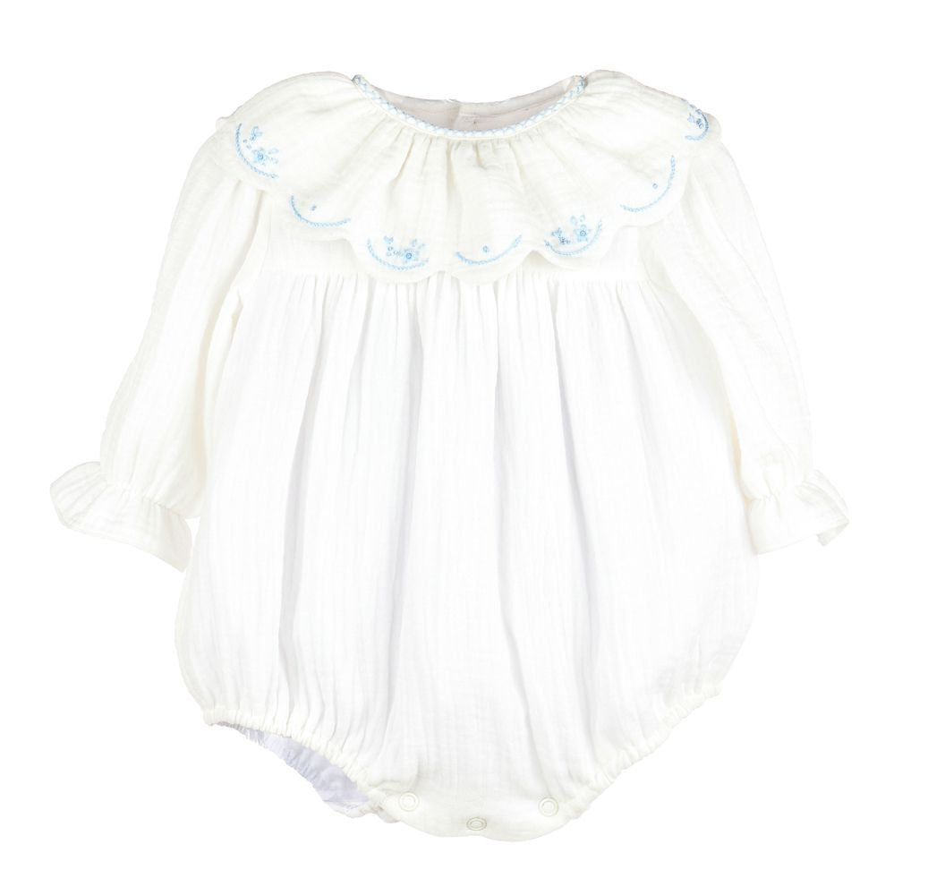 Sophie & Lucas Baby Girls Cuddle Cotton Bubble - Scallop Collar - Blue Embroidery