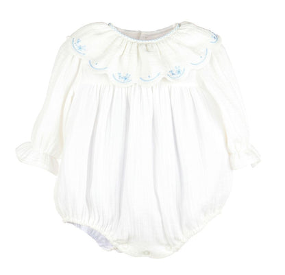 Sophie & Lucas Baby Girls Cuddle Cotton Bubble - Scallop Collar - Blue Embroidery