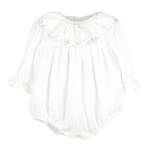 Sophie & Lucas Baby Girls Cuddle Cotton Bubble - Scallop Collar - Blue Embroidery
