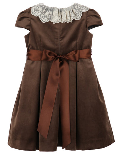 Luli & Me Girls Deluxe Velvet Dress - Lace Collar - Ribbon Sash - Chocolate Brown