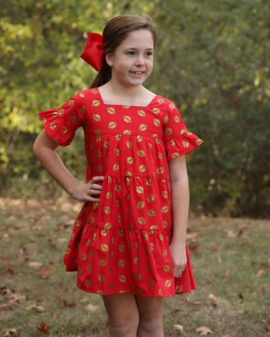 Yellow Lamb Girls Game Day Tiered Dress - Gold Footballs - Red