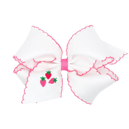Wee Ones Girls Hair Bow on Clip - White with Pink Moonstitch - Tiny Strawberry Trio