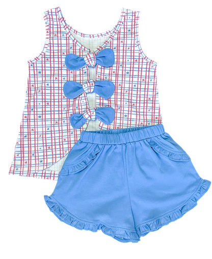 James & Lottie Girls Kinley Bow Shorts Set - Patriotic Stars Print