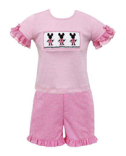 Anavini Girls Pink Smocked Minnie Mouse Top with Pink Check Shorts