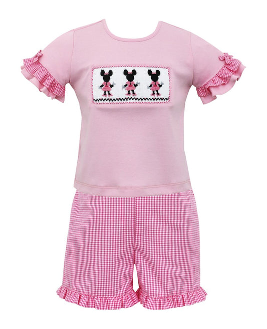 Anavini Girls Pink Smocked Minnie Mouse Top with Pink Check Shorts