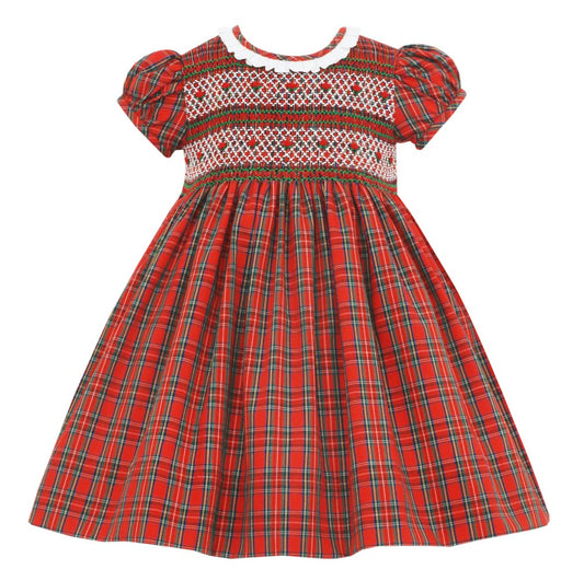 Anavini Couture Girls Red Holiday Plaid Smocked Dress - White Ruffle Collar