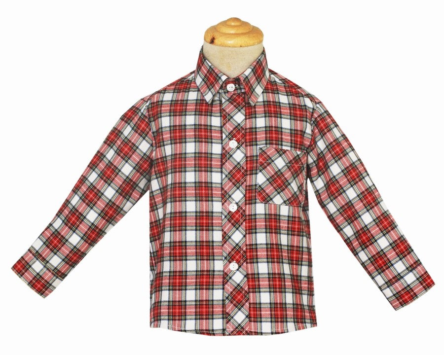Anavini Couture Boys Red & Ivory Holiday Plaid Dress Shirt