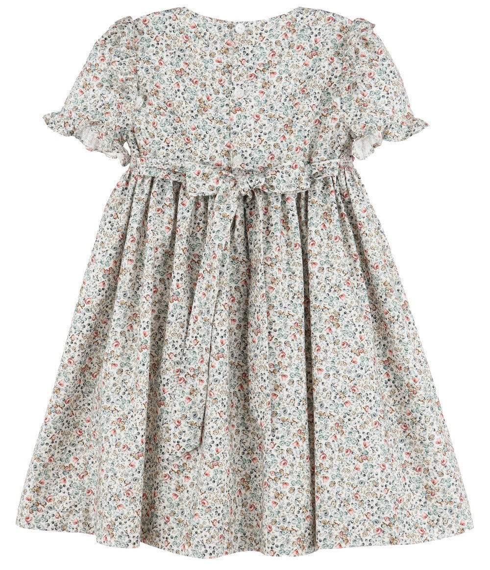 Luli & Me Girls Green Floral Smocked Bodice Dress with Sash