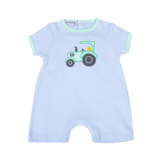 Magnolia Baby Boys Blue Tractor Time Applique Playsuit