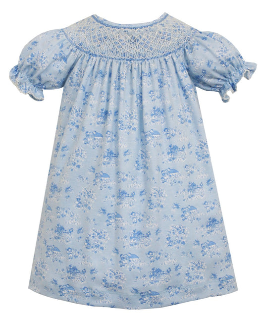 Petit Bebe Knits Baby / Toddler Girls Blue Toile Knit Smocked Dress - Bishop