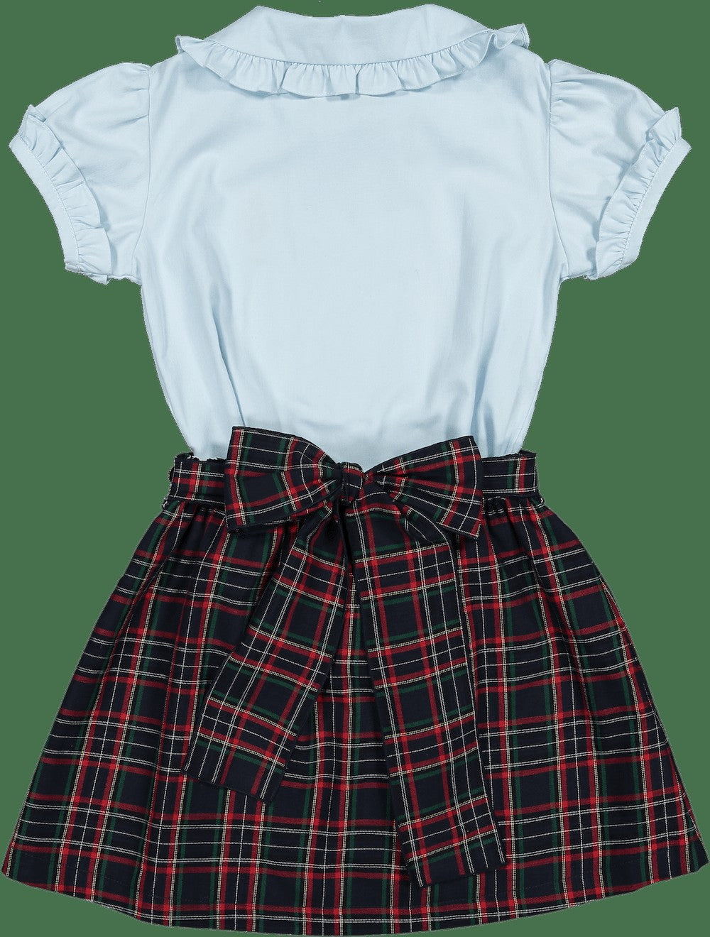 Sal & Pimenta Girls Skirt Set - Blue Nutcracker Bear Top with Plaid Skirt - Bow on Back!