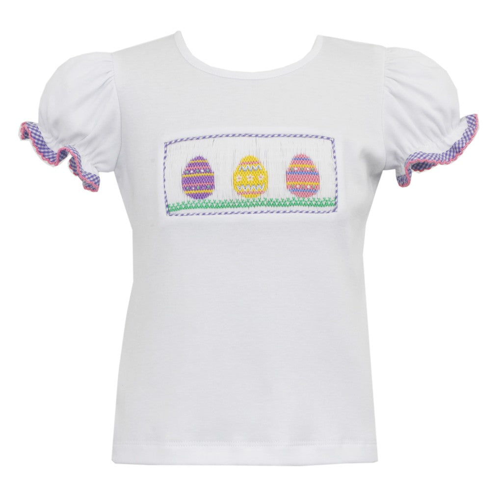 Anavini Velani Girls White Top - Smocked Easter Egg Hunt - with Lavender Gingham Ruffle Shorts