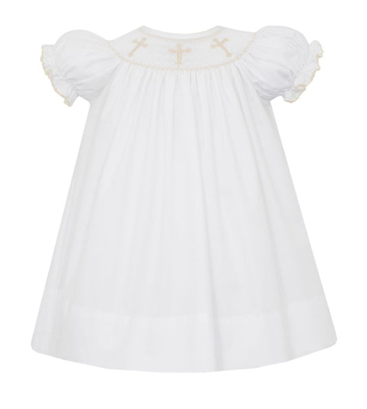 Petit Bebe Girls White Poplin Smocked Crosses Bishop Dress
