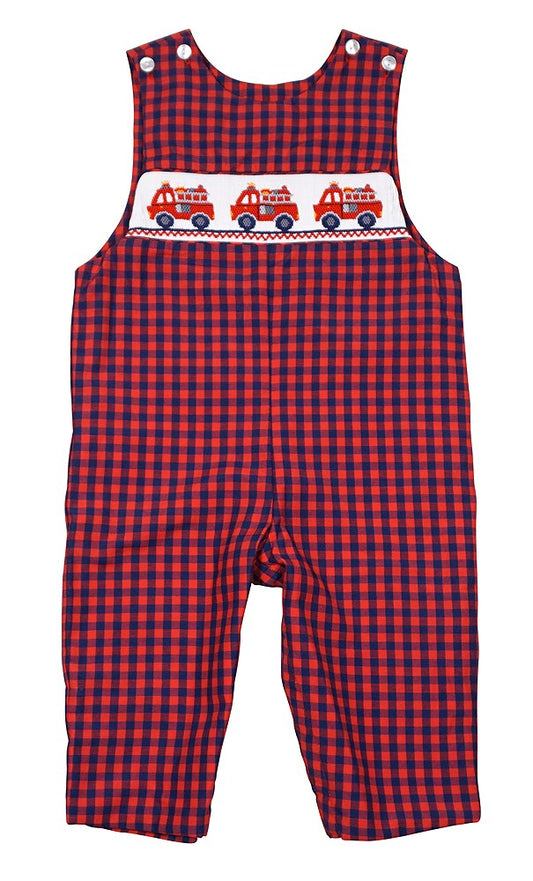 Anavini Baby / Toddler Boys Red / Blue Plaid Smocked Firetrucks Longall