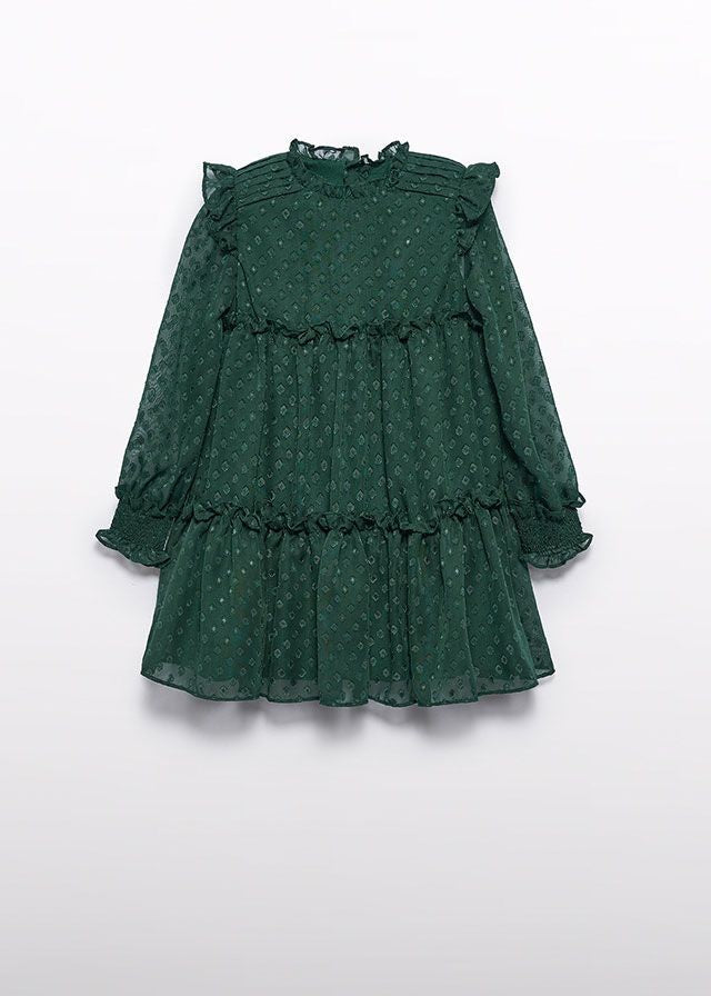 Abel & Lula Girls Dotted Swiss Jacquard Tiered Dress - Bottle Green