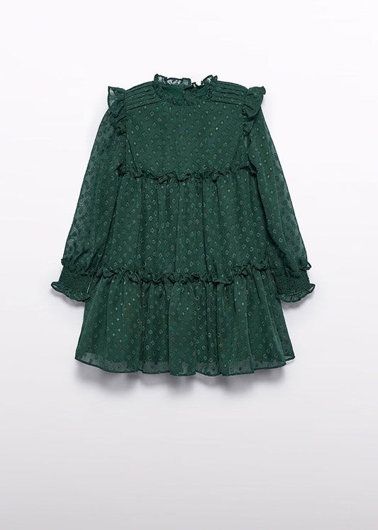 Abel & Lula Girls Dotted Swiss Jacquard Tiered Dress - Bottle Green