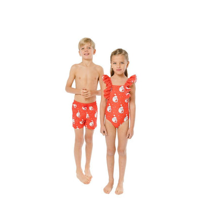 Sal & Pimenta Boys Christmas Swim Trunks - Red Santa Glows