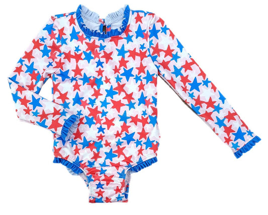 James & Lottie Girls Leighton One Piece Rash Guard Swimsuit - Patriotic Stars