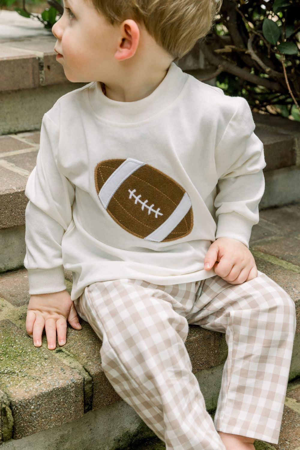 Bailey Boys Pants Set - Tan Checks with Applique Football Shirt