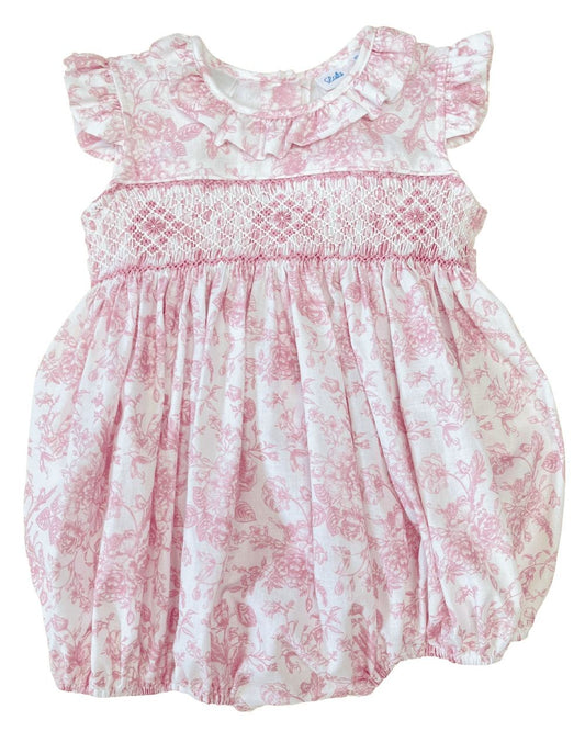LuLu BeBe Baby Girls Pink Toile Smocked Bubble - Flutter Sleeves