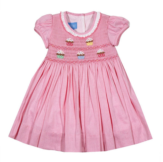 Anavini Baby / Toddler Girls Pink Smocked Bodice Birthday Cupcakes Dress - Ruffle Collar