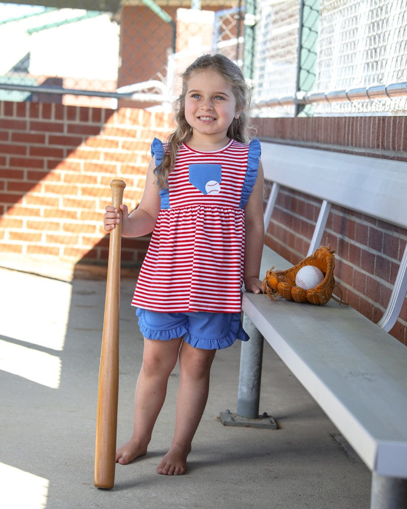 Trotter Street Kids Girls Red Baseball Pocket Ruffle Short Set