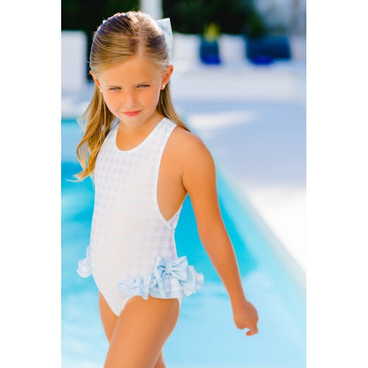 Sal & Pimenta Girls Swimsuit - Bows on Hips - Light Blue Gingham