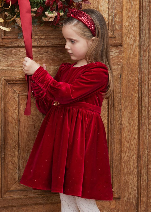 Abel & Lula Girls Belted Velvet Sparkle Holiday Party Dress - Red Abel & Lula Girls Belted Velvet Sparkle Holiday Party Dress - Red