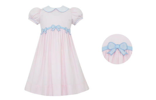 Claire & Charlie Girls Pink Pique Dress with Collar - Blue Bows