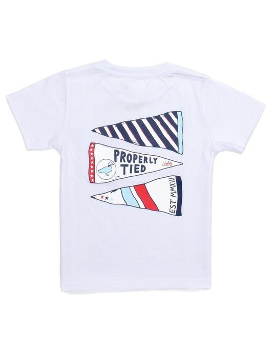 Properly Tied T-Shirt - Logo Pocket on Front - Back Graphic - Americana Pennants on White by Properly Tied