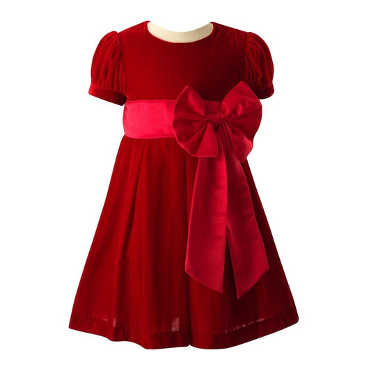 Rachel Riley London Girls Crushed Velvet Holiday Bow Dress - Red