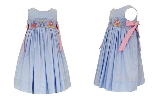 Anavini Girls Blue Gingham Smocked Princess Cinderella Dress - Pink Side Bows