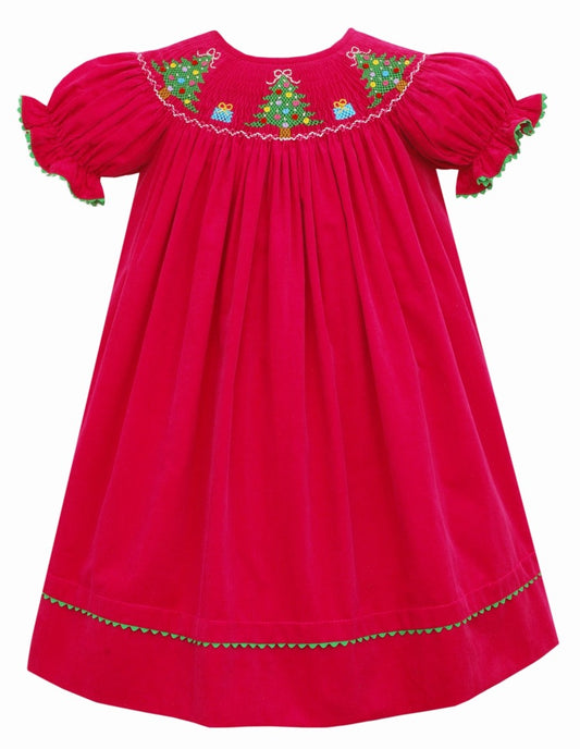 Anavini Baby / Toddler Girls Hot Pink Corduroy Smocked Christmas Trees Bishop Dress
